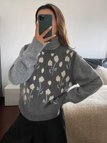 DAZY Colete feminino sem mangas em malha jacquard floral, blusa casual outono/inverno - Cinza - Ver 3