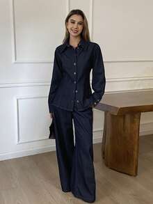 DAZY 女式立领收腰牛仔夹克和宽松直筒牛仔裤休闲牛仔套装 - 深色水洗藍 - 查看 4