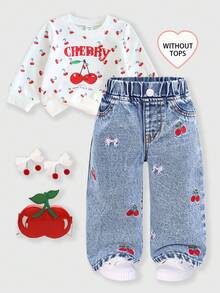 Baby Girls' Denim Jeans, Casual & Cute, Elegant Embroidered Cherry Blossom & Bow Decor, Straight Leg, Elastic Waist, Comfortable Cotton Denim, Suitable For Daily Wear, Home, Travel, Fashionable Item, New Arrival For 2023 Autumn