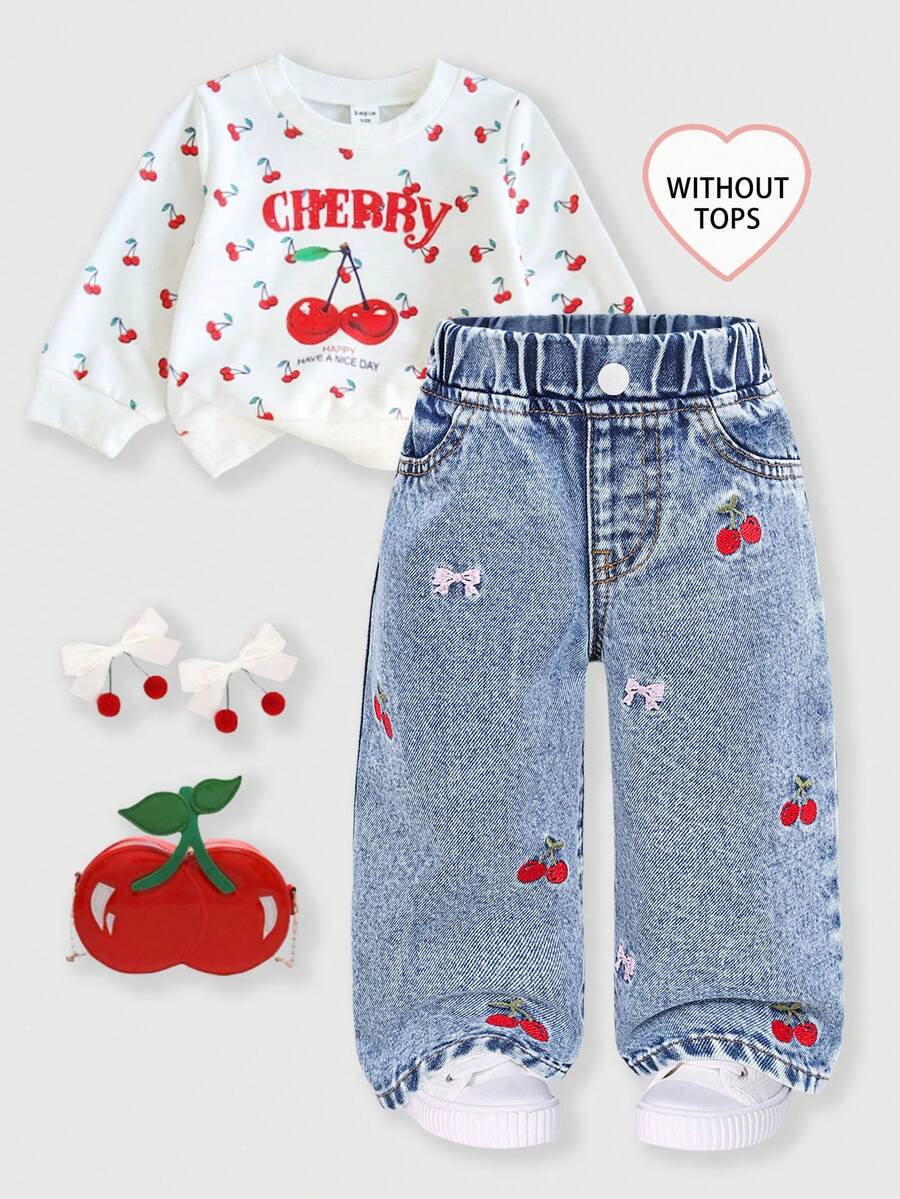 Baby Girls' Denim Jeans, Casual & Cute, Elegant Embroidered Cherry Blossom & Bow Decor, Straight Leg, Elastic Waist, Comfortable Cotton Denim, Suitable For Daily Wear, Home, Travel, Fashionable Item, New Arrival For 2023 Autumn