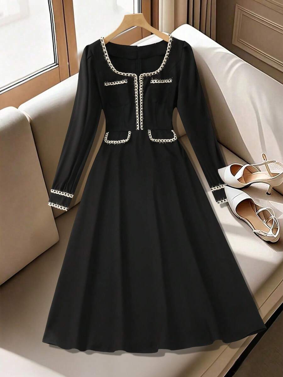 GlowEve CURVE Đầm dài tay màu đen cổ vuông xếp ly xếp ly họa tiết ruy băng thanh lịch dành cho nữ cỡ lớn - màu đen - Xem 1