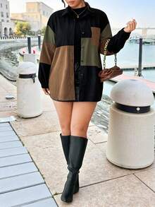 EMERY ROSE Plus Size Women's Fashionable Colorblock Long Sleeve Jacket, Suitable For Outdoor Wear In Autumn/Winter Checkered Corduroy Jacket - Multicolor - View 4