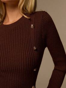 Glamine Women's Slim Fit Waist Design, Hem Slit Metal Button Decor, Casual Round Neck Long Sleeve Pullover Sweater - Brown - View 3