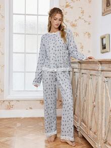 CottageSlumber Soft & Skin-Friendly Floral Lace Trim Long Sleeve Women Pajama Set, Winter Clothes - Grey - View 8