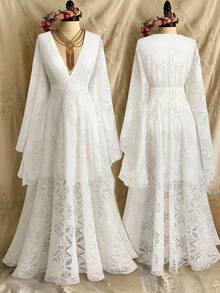 SHEIN CURVE+ High-End Luxury French Lace Dress, New Fashion Elegant V-Neck Flare SleeveDresss, Formal Party Evening Gown, Birthday Dress - Beige - View 7