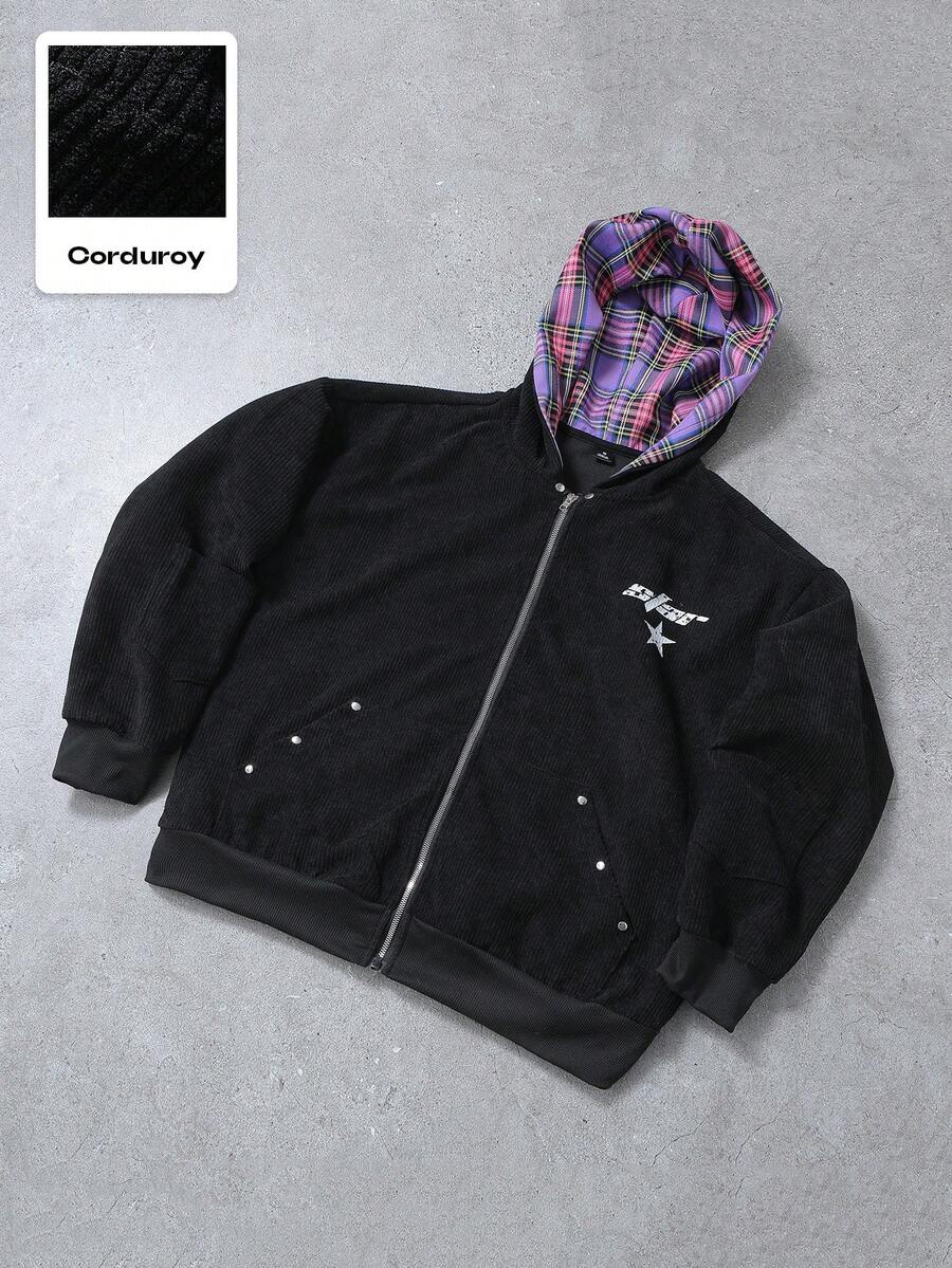 PAVTROS Áo nỉ trùm đầu thời trang nam & dạo phố, vải nhung kẻ cổ điển, họa tiết phong phú, thiết kế dáng rộng, phong cách giản dị, phong cách cổ điển, phù hợp mặc thường ngày, dạo phố, sự kiện văn hóa, thể thao ngoài trời, trang phục trường học, quà tặng ngày lễ, unisex, rộng thùng thình, họa tiết, bạn bè, thay thế, bạn bè, dạo phố, áo dài tay - màu đen - Xem 1