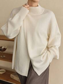 Dazy-Less Women's Loose Business Casual Asymmetric Collar Pullover Sweater, Basic Solid Color Minimalist Design, Suitable For Autumn And Winter - Beige - View 2