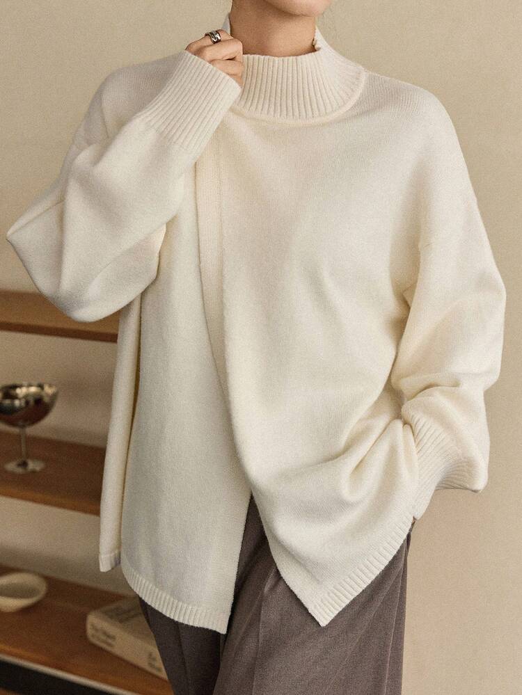 Women's Loose Business Casual Asymmetric Collar Pullover Sweater, Basic Solid Color Minimalist Design, Suitable For Autumn And Winter