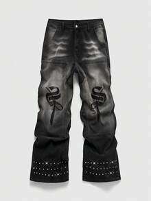 ROMWE MEN Street Life Men's Embroidered Denim Jeans, Suitable For Everyday Wear, Spring/Summer - Black - View 1