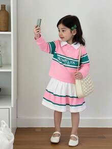 SHEIN Baby Girls Colorful Print Design Long Sleeve Polo Shirt And Pleated Stripe Hem Skirt Preppy Style Set, Fall/Winter