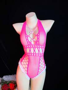 SHEIN 1 件女士性感镂空网眼吊带连体衣 - 玫紅色 - 查看 6