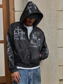 AXEPEAK Men's Casual Cross & Skull Print Hoodie Sweatshirt, Autumn - Black - View 1