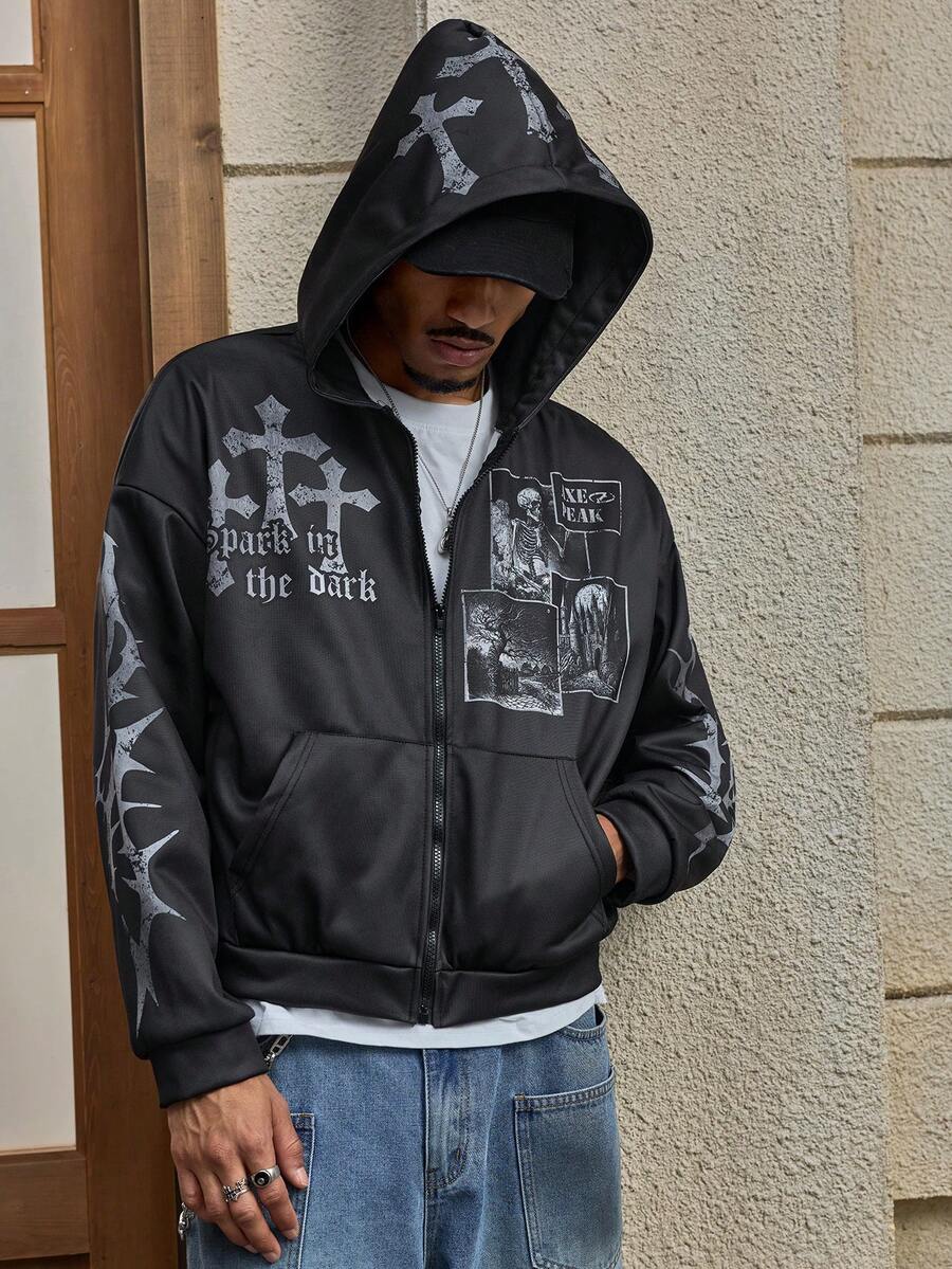 AXEPEAK Men's Casual Cross & Skull Print Hoodie Sweatshirt, Autumn - Black - View 1