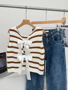 Elamini Women's Autumn/Winter Casual Knitted Vest With Bow Decor And Striped Pattern - Multicolor - View 5