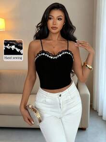 Islaluna 女士天鹅绒水钻装饰吊带背心，秋冬款 - 黑色 - 查看 1