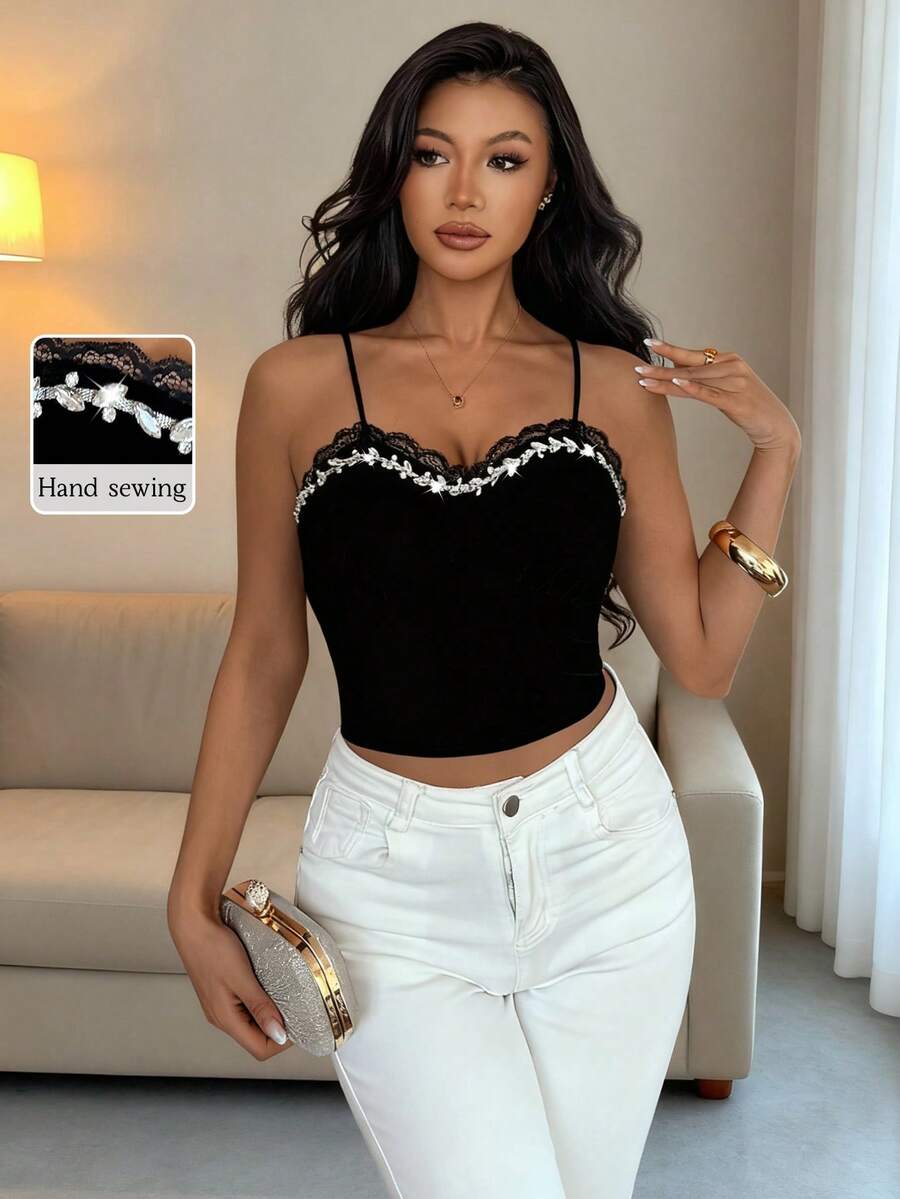 Islaluna 女士天鹅绒水钻装饰吊带背心，秋冬款 - 黑色 - 查看 1