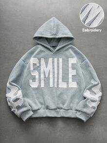 PAVTROS Manfinity Streetrush 男士街头风流行INS搭配。男士街头服饰，男士街头风流行“SMILE”3D刺绣字母火焰袖连帽衫，适合户外音乐节、休闲外出、送给男友/丈夫的礼物、周年纪念日，浅灰色，运动套装，刺绣，保暖内衬，街头风，男友礼物设计师款灰色印花连帽衫，冬季必备。 - 淺灰色 - 查看 5