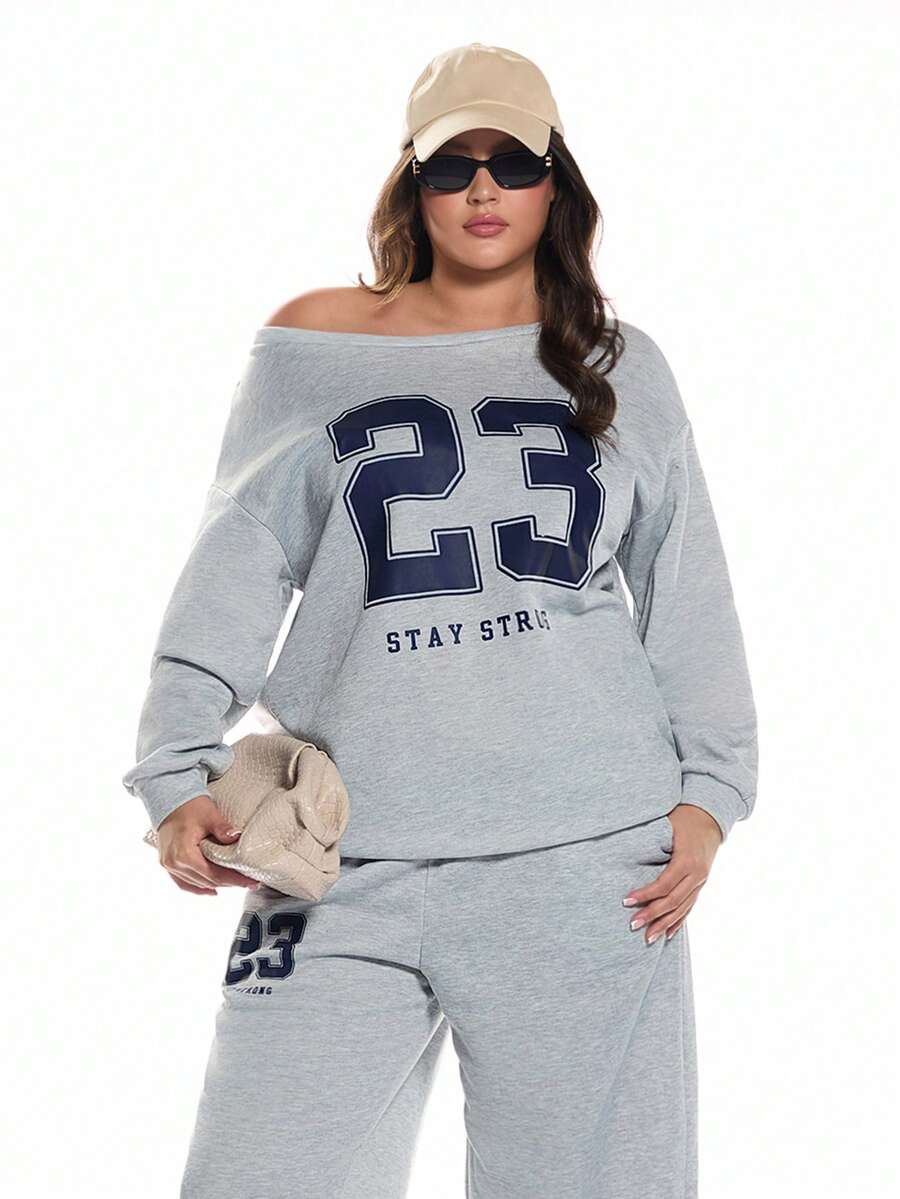 Solavibe Plus Size Street Fashion Plus Size Number Printed Thermal Lined Sweatshirt And Sweatpants 2 Pieces Set, Suitable For Autumn/Winter - Light Grey - View 1