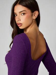 MISSGUIDED Vestido mini de punto acanalado de manga larga, ajustado y entallado, vestido de suéter de otoño e invierno - Morado - Ver 7