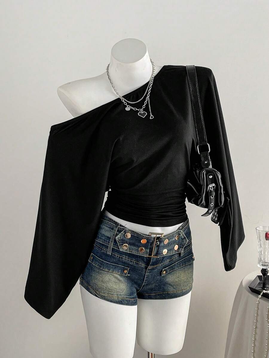 Elamini 女式黑色不对称领蝙蝠翼褶皱腰上衣，优雅复古简约设计，适合工作、约会、休闲穿着 - 黑色 - 查看 1