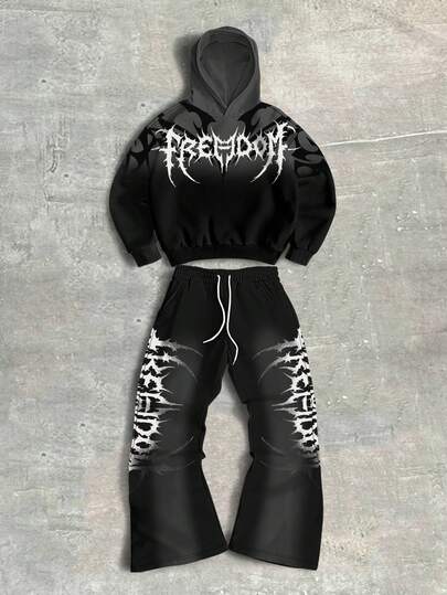 Street Life Men's Casual Gothic Gradient Letter Print Hoodie And Drawstring Waist Pants Set, Autumn