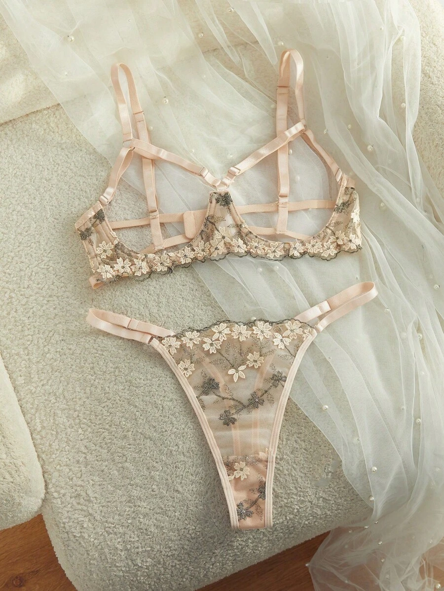 SpicyHot Bộ 2 áo ngực có gọng thêu hoa, thiết kế tôn lên vòng 1 gợi cảm, bộ đồ lót thoải mái - Màu be - Xem 1