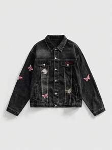 ROMWE MEN Street Life Men's Black Washed Denim Long Sleeve Jacket With Unique Butterfly Embroidery Craftsmanship - Black - View 1