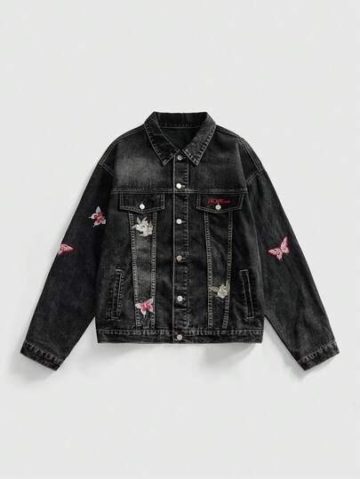 Street Life Veste en jean noir délavé pour hommes avec une broderie unique de papillon