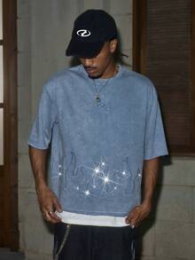 AXEPEAK Rhinestone Decor Flame Print Round Neck Short Sleeve Casual T-Shirt