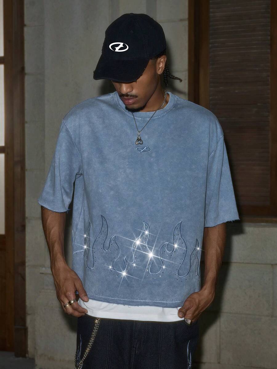 AXEPEAK Rhinestone Decor Flame Print Round Neck Short Sleeve Casual T-Shirt