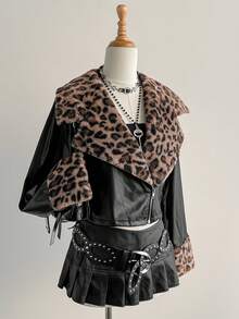 SHEIN Unity Áo khoác ngắn cổ bẻ họa tiết da báo bằng lông giả da PU màu đen dành cho nữ, thời trang Y, thích hợp mặc khi đi làm, đi làm, đi chơi, dạo phố, tiệc tùng, mặc hàng ngày, đa năng - màu đen - Xem 4