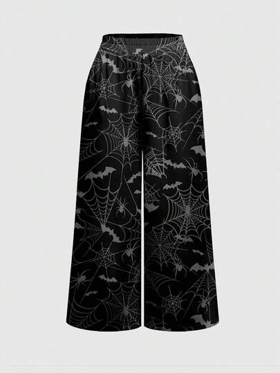 Goth Pantalones de pierna ancha y larga con estampado de telaraña de murciélago de bosque oscuro para mujeres, tema misterioso de terror de Halloween