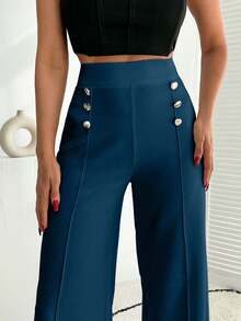 EURMUSE White Wide Leg Pallazzo Pant With Button Detail - Teal Blue - View 6
