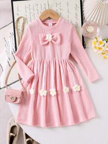 Young Girls Knitted Ribbed Crew Neck Long Sleeve Big Bow 3D Floral Sweater Dress, Sweet & Cute, Spring/Autumn - Pink - View 1