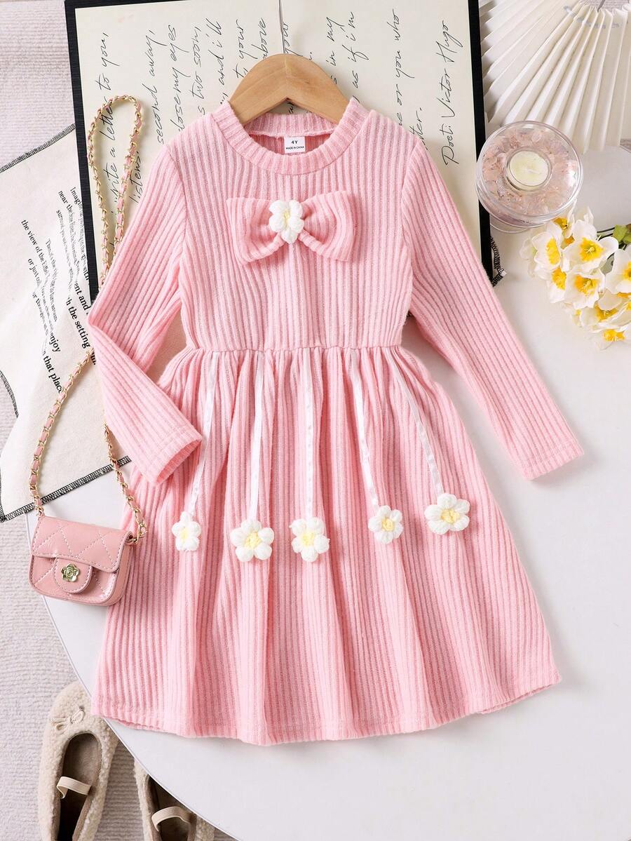 Young Girls Knitted Ribbed Crew Neck Long Sleeve Big Bow 3D Floral Sweater Dress, Sweet & Cute, Spring/Autumn - Pink - View 1
