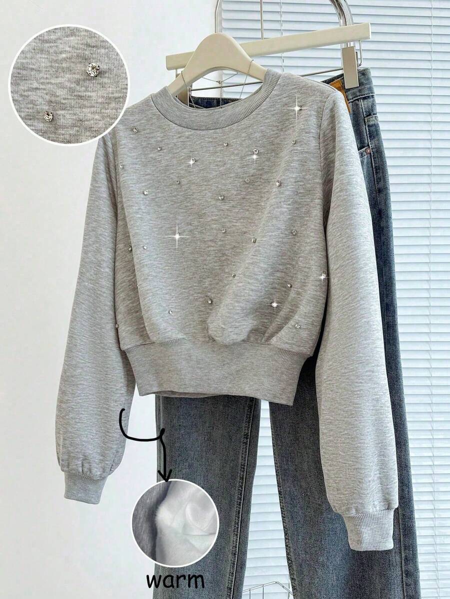 Franclia Ribbed Rhinestone Embellished Loose Cropped Women Sweatshirt