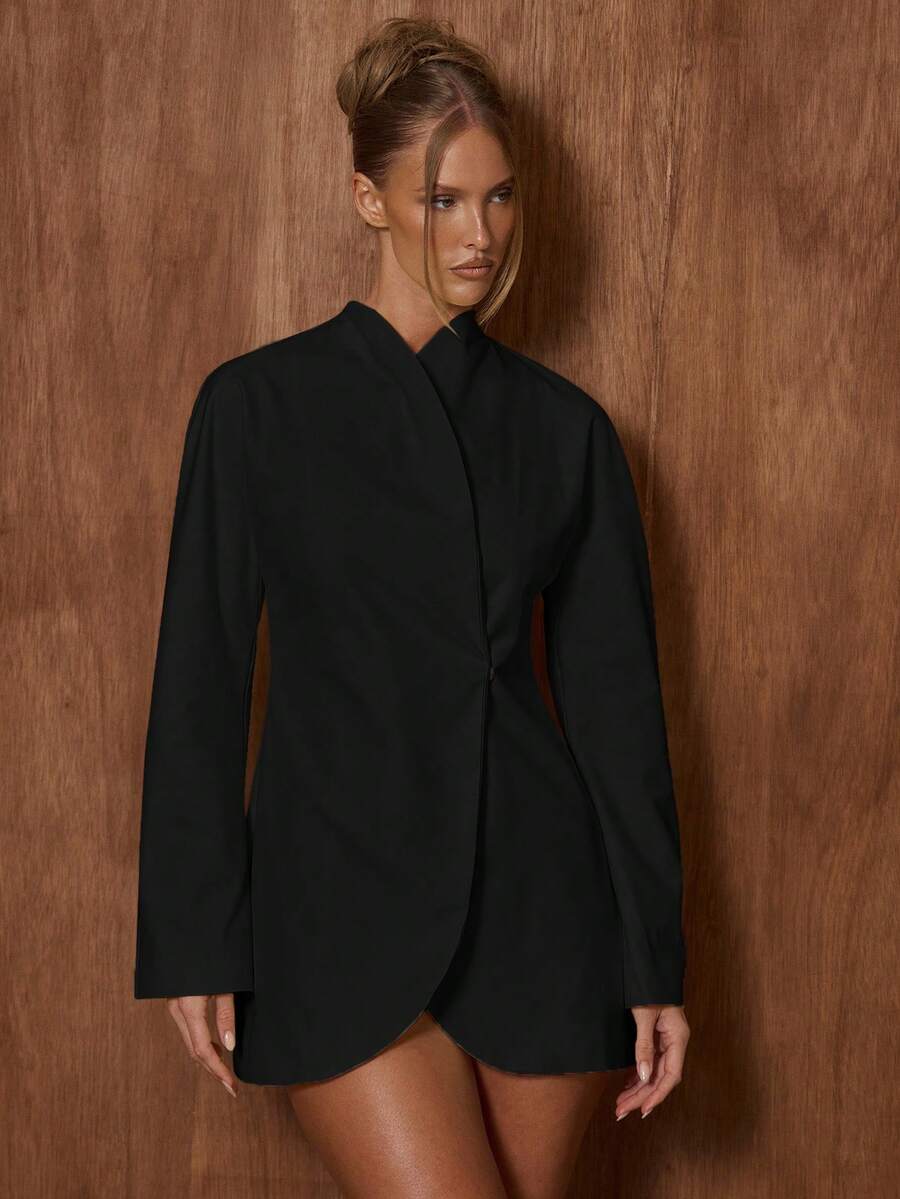 MUSERA High Neck Fitted Cinched Waist Blazer Only Cute Date Night Going Out Autumn Fall  Night Out Work Office Back To School Clean Cut Winter Party Elegant Valentines Day - Black - View 1