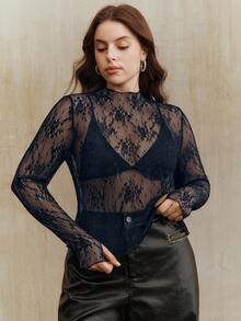 Anewsta Blusa de manga larga de encaje transparente y sexy para tallas grandes - Azul Marino - Ver 3