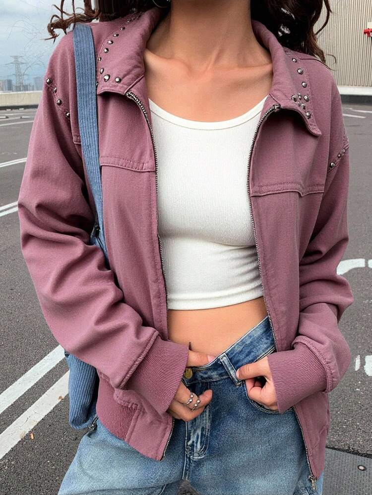 Women's Casual Denim Jacket With Rivets And Zipper, Autumn/Winter
