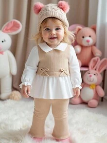2 件套女婴秋季新款服装，翻领长袖针织拼接二合一衬衫和喇叭针织裤，时尚休闲可爱百搭套装 - 卡其色 - 查看 3