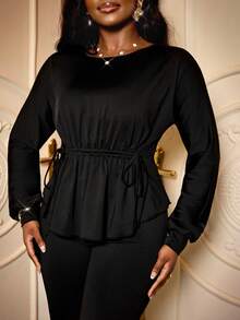 Xyvia 女士黑色抽绳腰优雅圆领长袖 T 恤和阔腿裤两件套，不对称下摆，休闲日常秋冬装 - 彩色 - 查看 2