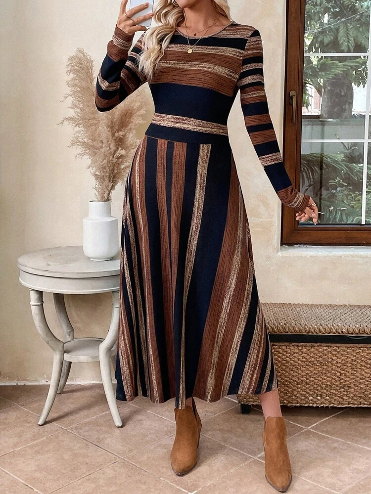 Plus Size Casual Color Block Striped Dress, Autumn  Stylish Clothing Collection Elegant Party Clothes For New Year Christmas Clothes For Women  Winter Clothes For Women Earth Tone Dress