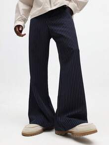 SUMWON 喇叭裤细条纹正装阔腿职业商务休闲裤 - 藏蓝色 - 查看 1