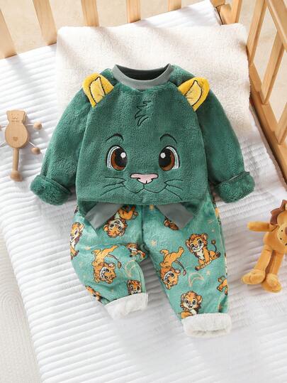 2件套婴儿/幼儿男童卡通抓绒圆领长袖上衣和裤子睡衣套装，秋冬季舒适保暖