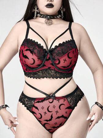 Goth Große Größen Fledermaus & Kreuz Netz Flockdruck Jacquard Bügel-BH & String Dessous Set