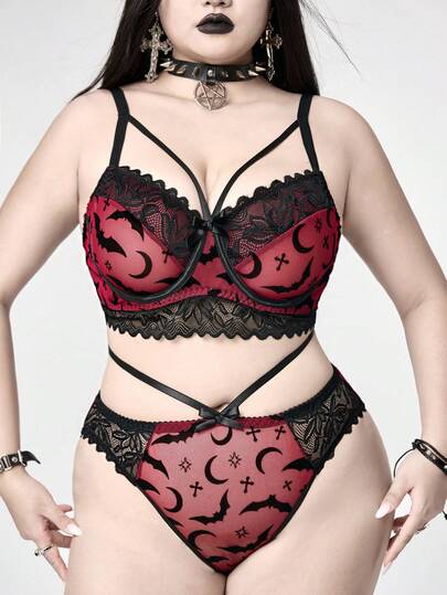 Goth Ensemble de lingerie grande taille comprenant un soutien-gorge bralette avec armatures et un string en jacquard floqué avec motifs de chauve-souris et de croix