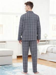 Velminro Men's Comfortable Plaid Long Sleeve Top And Pants Pajama Set, Autumn - Brown - View 2