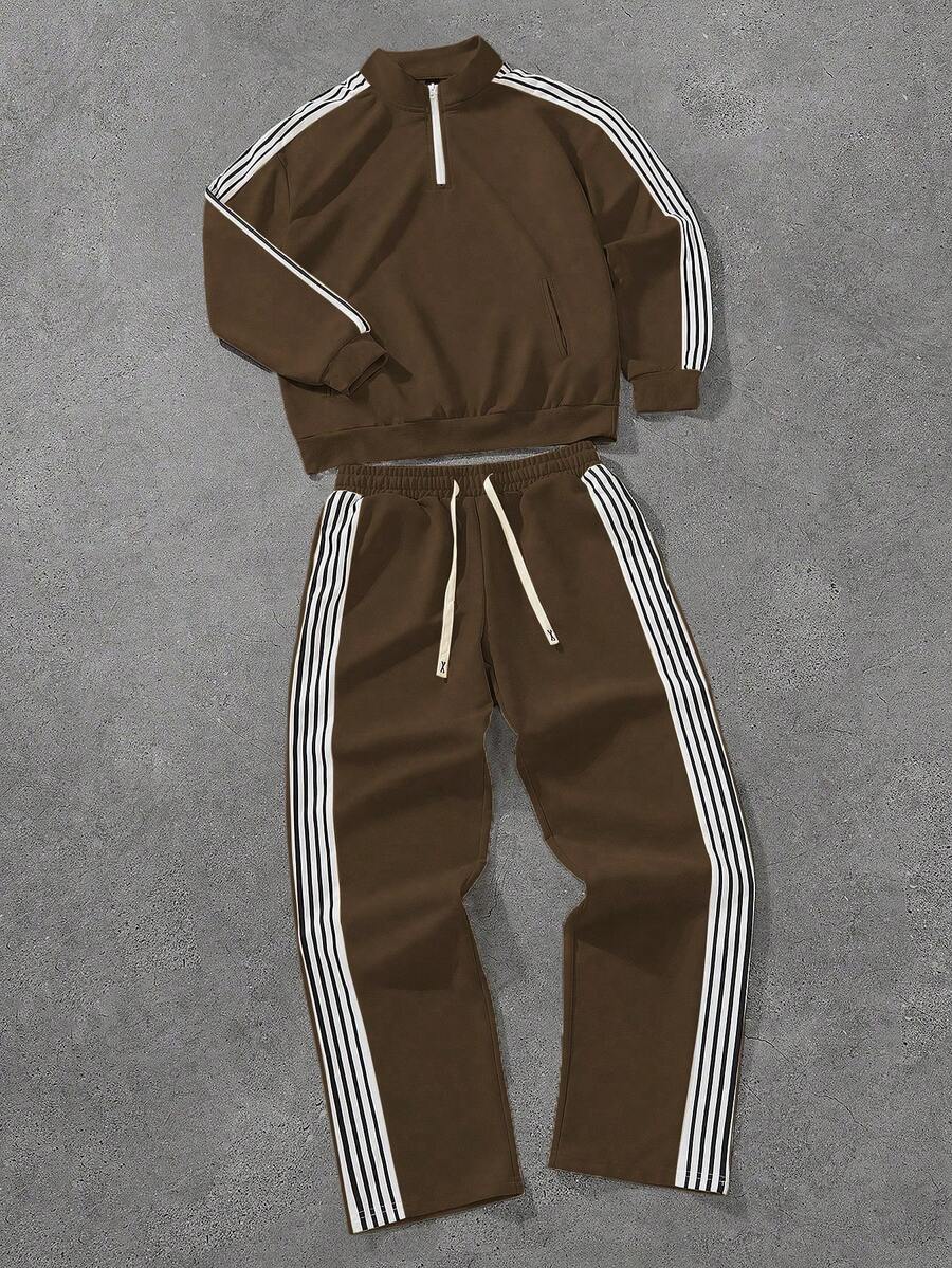 Manfinity EMRG 男式侧条纹拉链 Polo 衫和抽绳腰裤休闲套装 - 棕色 - 查看 1