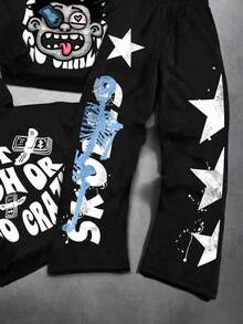 SHEIN 青少年男孩休闲简约秋季新款 Y2K 嘻哈风格星星、火焰、酷炫英文字母图案连帽衫和喇叭裤套装 - 彩色 - 查看 5