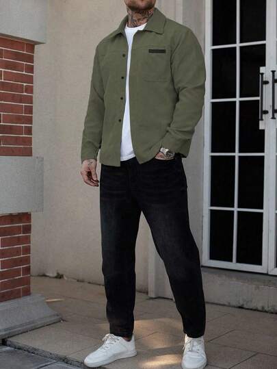 Manfinity Homme Men's Shirt Jacket,Olive Green Corduroy Flannel Overshirt For Autumn,Smart Casual Hiking,Front Button Long-Sleeved Pocket Jacket,Street Wear Shacket